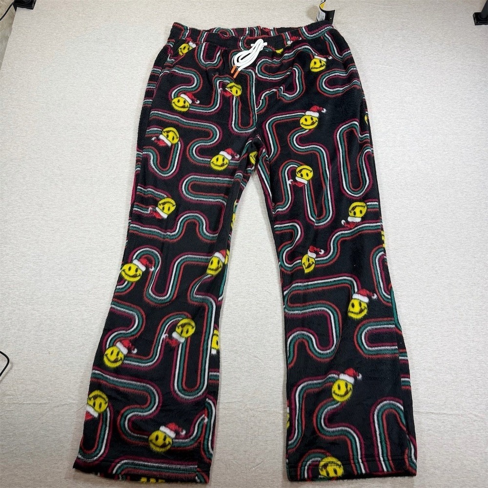 Joe Boxer‎ Pajama Pants Mens XL Black Smiley Santa Christmas Drawstring